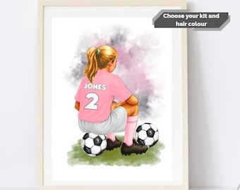 personalised girls football print, womens football print, soccer gifts for girls, football player gifts for women, Birthday gift teen girl