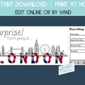 Biglietto a sorpresa per Londra, modello buono regalo a sorpresa, rivelazione viaggio a sorpresa, biglietto per le vacanze, carta d'imbarco, modello buono regalo di compleanno