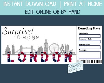 London surprise ticket, surprise gift voucher template, surprise trip reveal, holiday ticket, boarding pass, birthday gift coupon template