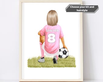personalised womens football print, girls football print,  soccer gifts for girls, football player gifts for women, Birthday gift teen girl