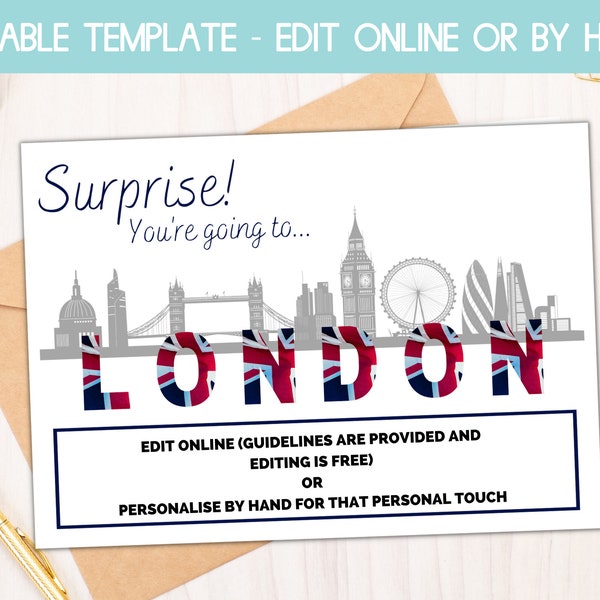 Billet surprise Londres, modèle de bon cadeau surprise, révélation de voyage surprise, billet vacances, carte d'embarquement, modèle de bon cadeau d'anniversaire