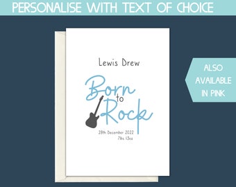 born to rock baby card, personalised new baby boy card, congratulations on your baby boy card, welcome to the world baby card, baby congrats