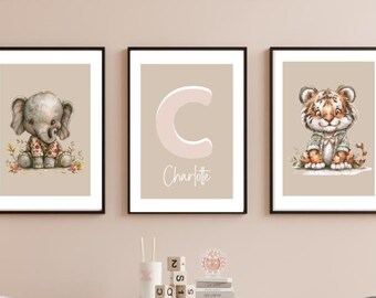 nursery safari prints girl, nursery wall prints, watercolour safari animal decal, baby safari decor, nursery name print safari, nursery set