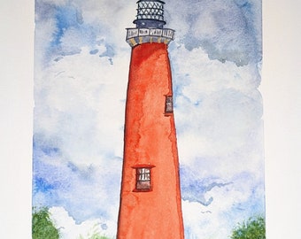 Jupiter Lighthouse Watercolor Painting, Original , Unframed , on Paper, 10.5" x 7.5"