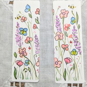 Handmade Watercolor Bookmark w/ Tassel & Sleeve | Shimmery  | Set of 2 Painted | Wildflower Floral | Bees Ladybug | Stocking Stuffer