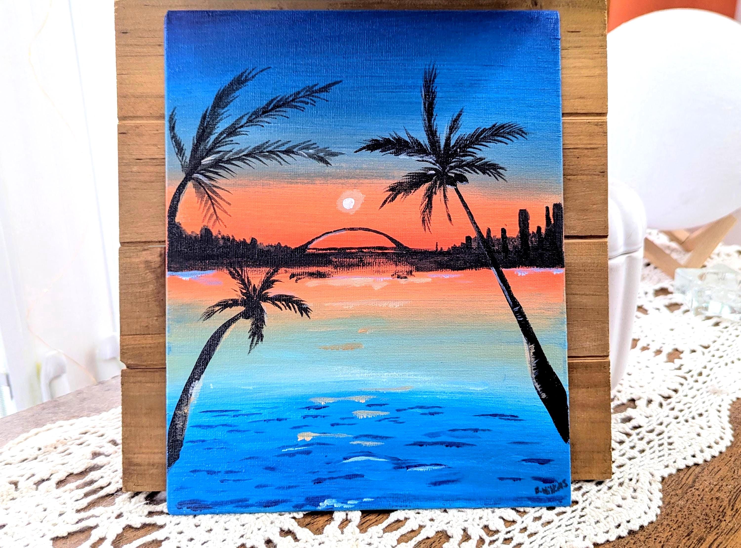 Tropical Sunset Acrylic Painting: Beach Palm Tree Seascape (8x10 Canvas ...