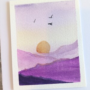 Hand-Painted Watercolor Greeting Cards - Set of 2 - Sunset & Birds Design , 4.25&quot; x 5.5, Blank Inside, Envelopes Included