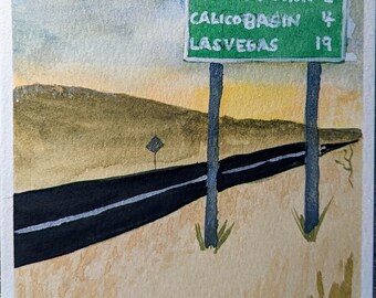 Red Rocks Watercolor Painting, Road Signs Art, Desert Highway Landscape, Original Framed Artwork, 4 x 6 on Paper