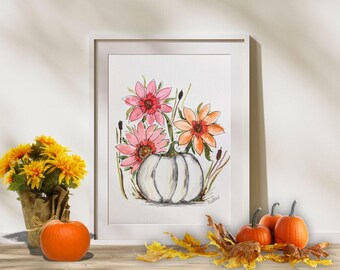 White Pumpkin Watercolor Print – Fall Farmhouse Wall Art