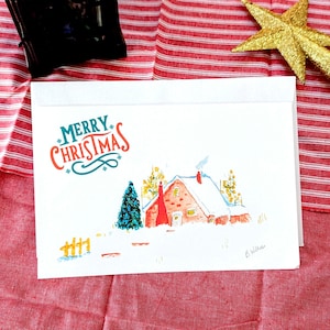 Watercolor Christmas Greeting Cards - Watercolor Vintage House Design - 5.5x8.5 Half Fold - Envelopes Included