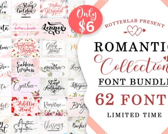 May include: A graphic showcasing a font bundle with 62 fonts. The title "Romantic Collection" is in a decorative script, with the text "Font Bundle" below. The image includes various font samples and the text "Limited Time."