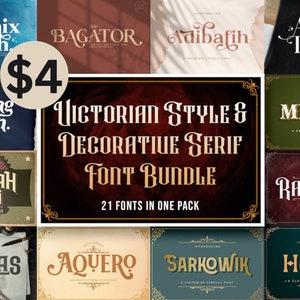 Peut inclure: Un collage de 21 polices de caractères de style victorien et serif décoratives dans un pack pour 4 €. Les polices sont affichées dans différentes couleurs et styles, notamment noir, or et blanc.