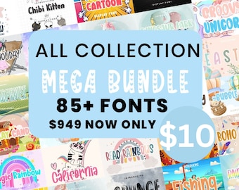 May include: A collage of colorful images featuring different font styles with the text "ALL COLLECTION MEGA BUNDLE 85+ FONTS $949 NOW ONLY $10".