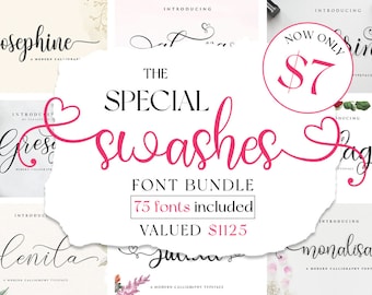 May include: A collage of images featuring different fonts with the text "THE SPECIAL SWASHES FONT BUNDLE 75 fonts included VALUED $1125" in the center. The fonts are all cursive and have a modern calligraphy style. The images are set against a background of pink and white flowers.