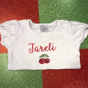 Custom Cherry Baby Onesie, Custom Embroidered Name Tee, Personalized Baby Name Onesie, Embroidered Name Shirt, Rhinestone Cherry Shirt