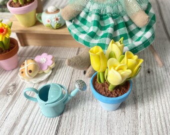A miniature pot of Spring flowers