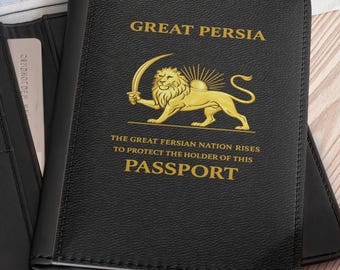 Persian Lion & Sun Passport Cover - Persia Passport Case, RFID Travel Wallet in Black Faux Leather, Vintage Heritage Persian Design