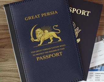Persian Lion & Sun Passport Cover - Persia Passport Case, RFID Travel Wallet in Navy and Black Faux Leather, Vintage Heritage Persian Design