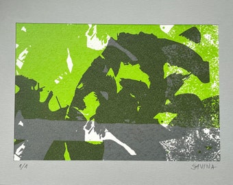 Contemporary Small Serigraphy "Green", 24x17.5cm, Handmade Screenprint Original Wall Art, Abstract, One of a kind