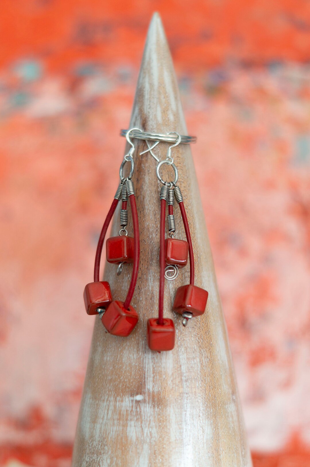 Unique Red Drop Earrings With Red Glazed Ceramic Cube Beads
