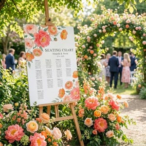 May include: A wooden easel displays a seating chart for Amanda & Steve, adorned with floral illustrations in shades of peach and coral. The chart is surrounded by lush flower arrangements, creating a romantic outdoor wedding scene.
