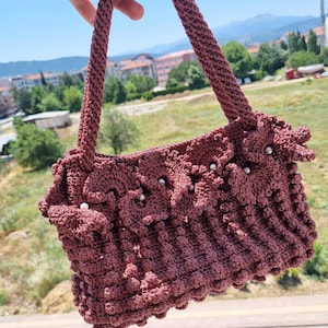 Handmade Crochet Bag with Pearl Details – Boho Style Shoulder Purse – Unique Gift for Her