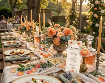 Peach Dahlia Wedding Menu Template, Watercolor Floral Dinner Card, English Garden Fall Reception Decor, Printable Editable Canva Download