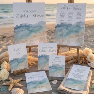Watercolor Ocean Wedding Mega Bundle, Tropical Palm Beach Stationery Set, Welcome Sign Invitation Seating Chart Menu, Printable Canva