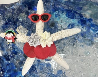 2 Christmas starfish handmade ornaments with handpicked shells