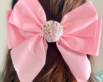 Big pink bow with hand picked costa rica shell, handmade
