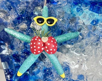 2 Christmas handmade starfish ornaments with handpicked shells