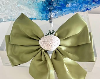 Big olive green bow with hand picked costa rica shell, handmade