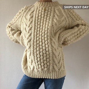 Nouveau pull en laine de pêcheur épais blanc cassé fait main vtg s-xl, pull unisexe chaud surdimensionné, tricot torsadé, tricot géométrique, chaud et douillet