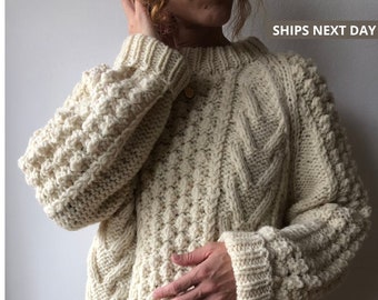 Handmade vtg off-white creamy chunky fisherman wool sweater s-xl, oversized warm unisex jumper, cable knit, geometric knit, cozy warm