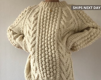 New Handmade vtg off-white creamy chunky fisherman wool sweater s-xl, oversized warm unisex jumper, cable knit, geometric knit, cozy warm