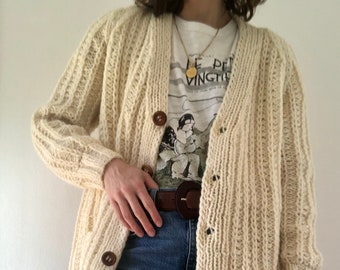 New Hand knitted vintage off-white creamy chunky fisherman cardigan, made in Spain, 100% wool, aran sweater, cardigan.