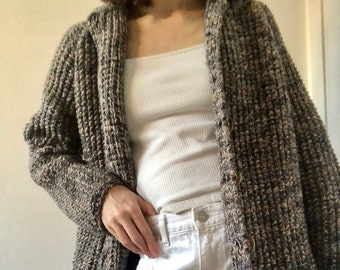 Nouveau cardigan pull oversize en tweed vintage gris marron pêcheur épais, fabriqué en Espagne, laine, pull aran, cardigan en tweed