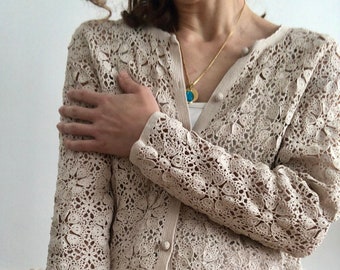 One of a kind summer Jacket Cardigan Top Blouse vintage 1980s hand crochet floral coverlet tan beige off white size S/M/L cotton cardigan