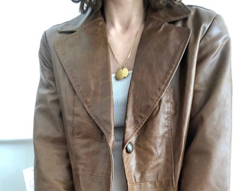 Vintage women's leather button up jacket, tan brown leather coat for women, soft leather trench choat, belted leather jacket