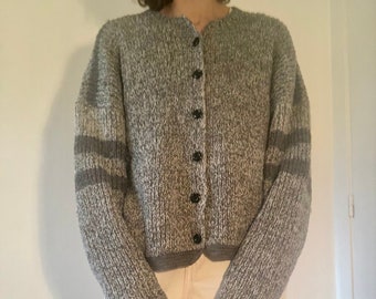 Hand knitted vintage gray wool cardigan with striped sleaves, made in Spain, aran sweater