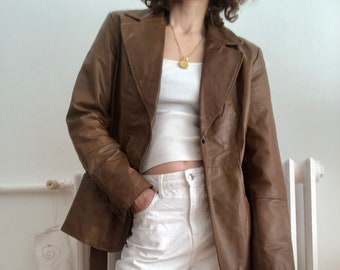 Vintage women's leather button up jacket, tan brown leather coat for women, soft leather trench choat, belted leather jacket