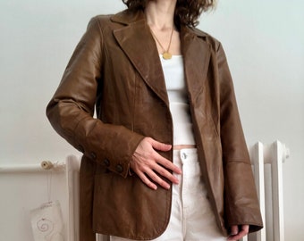 Vintage women's leather button up jacket, tan brown leather coat for women, soft leather trench choat, belted leather jacket