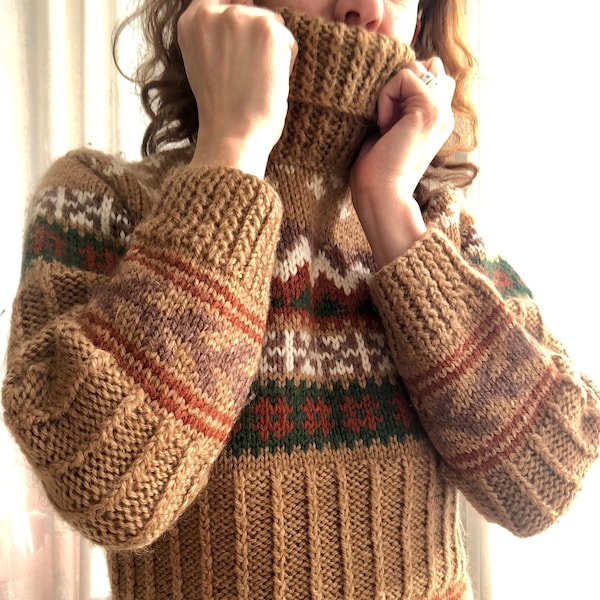 Vtg wool turtleneck sweater in brown, norwegian style, scandinavian, fair isle, chunky wool knit jumper,