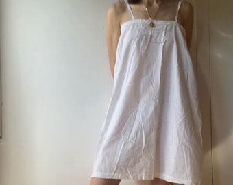 Vintage Antique French Linen Slip Dress, Antique White Cotton Edwardian Nightgown, Market Dress Provençal, Eyelet embroidered mini dress