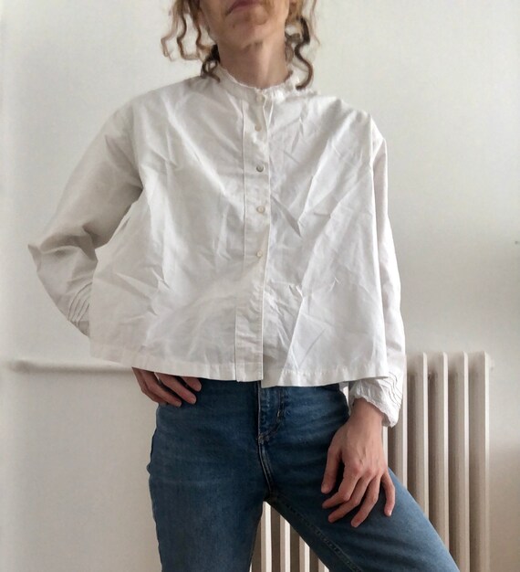 Antique French White Cotton Blouse Chemise Shirt … - image 10