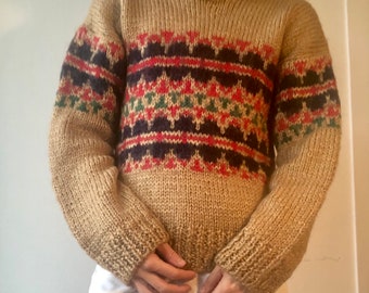 Vtg wool turtleneck sweater in brown, norwegian style, scandinavian, fair isle, chunky wool knit jumper, oversized