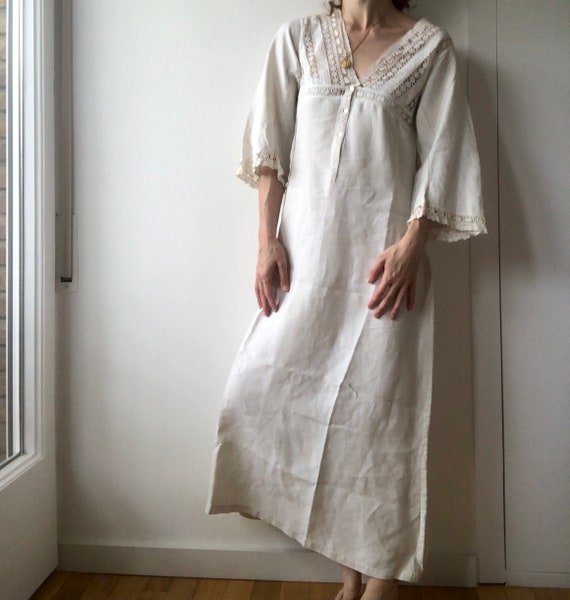 Vintage Antique French Linen Maxi Dress, button u… - image 3