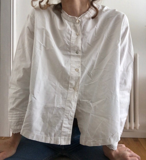 Antique French White Cotton Blouse Chemise Shirt … - image 4
