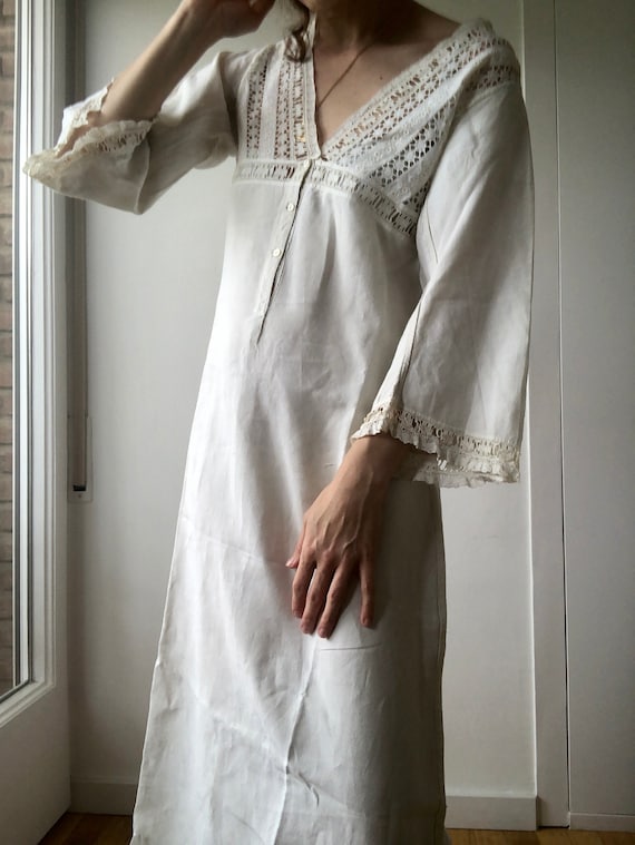 Vintage Antique French Linen Maxi Dress, button u… - image 7