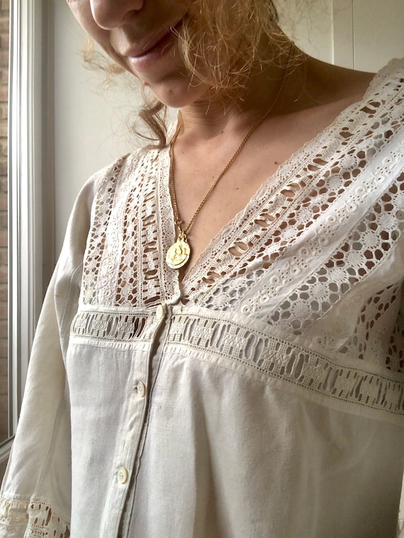 Vintage Antique French Linen Maxi Dress, button u… - image 4